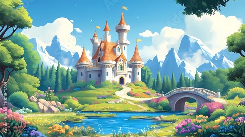 spectacular Majestic castle by a towering mountain on a bright sunny day. Enchanting historical scene. 