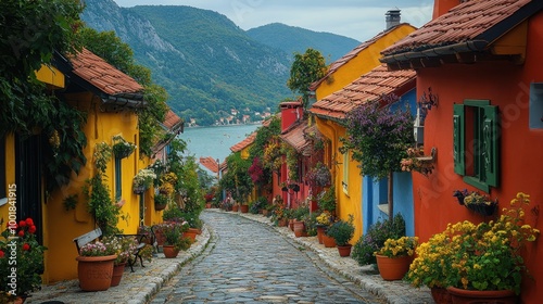 Fototapeta Naklejka Na Ścianę i Meble -  A row of colorful houses along a quiet street in a small European town 