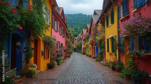 Fototapeta Naklejka Na Ścianę i Meble -  A row of colorful houses along a quiet street in a small European town 