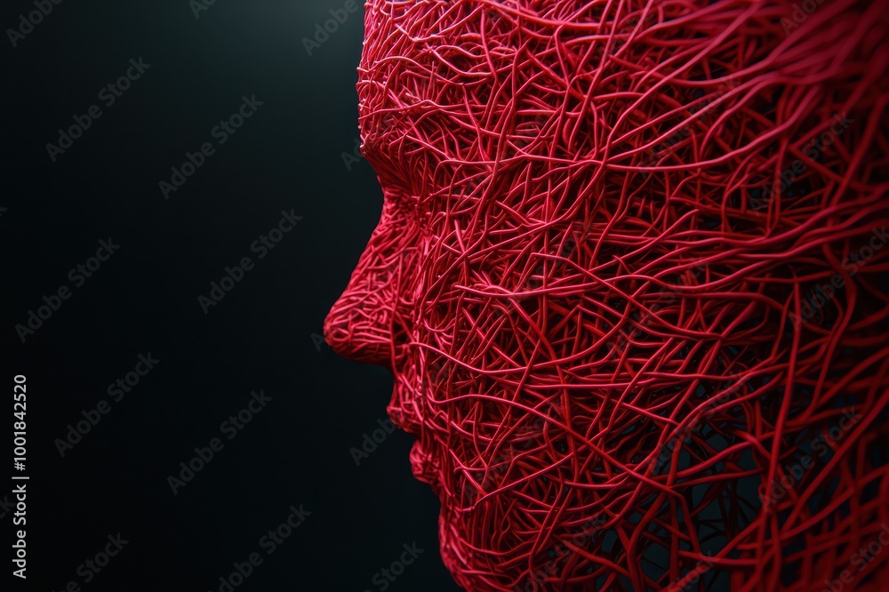 A striking red wire sculpture representing a human head, showcasing intricate details and a unique perspective on emotions and identity.