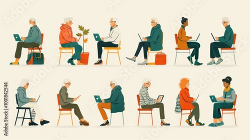 Seniors in the digital Illustrate the elderly seamlessly integrating technology into their lives: browsing, chatting, learning. Showcase their adaptability with high-resolution imagery.
