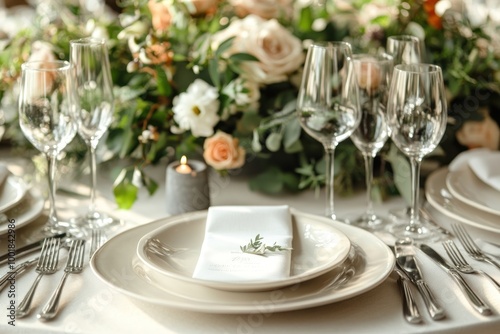 Elegant Table Setting with White Plates and Flowers
