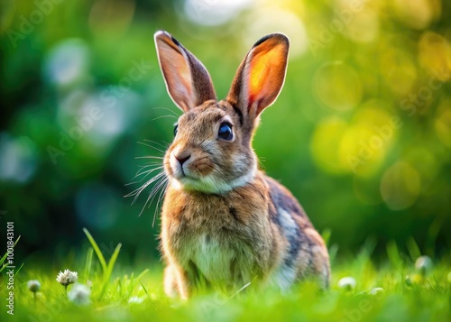 Spotted English Rabbit Sitting Gracefully on Green Grass in a Beautiful Natural Setting