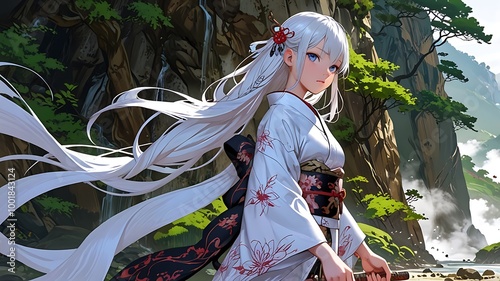 A mysterious girl with long, flowing white hair and a traditional kimono lives in a hidden mountain village, where it’s believed she is the human embodiment of a powerful guardian spirit. When an anci photo