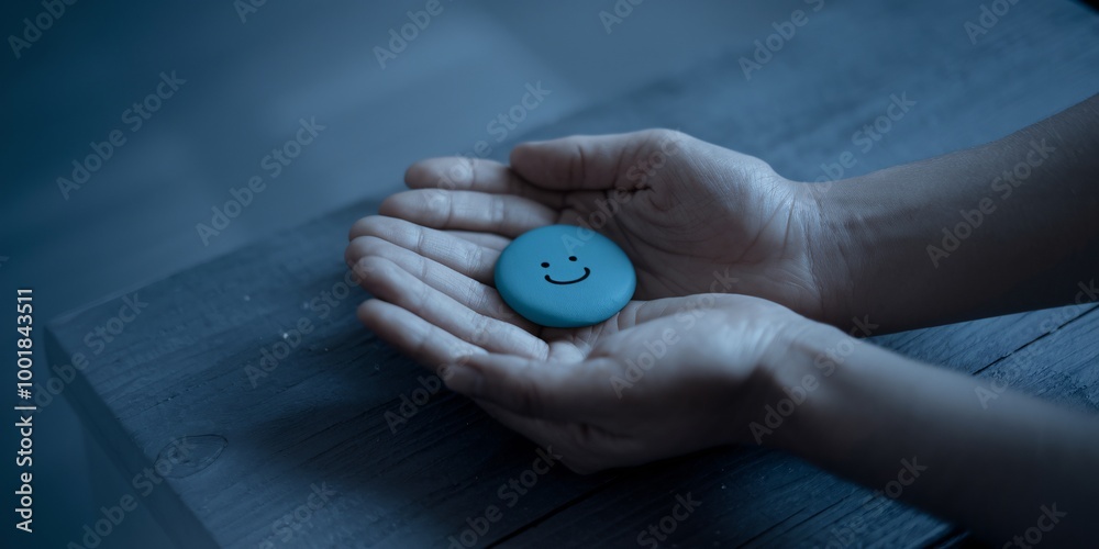 Fototapeta premium A photo of two hands gently cradling a teal circle with a simple smiling face drawn on it. The hands are placed on a wooden surface. 