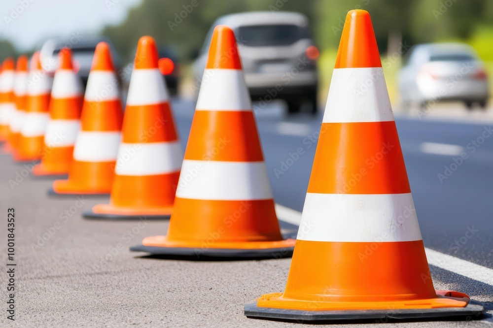 Traffic cones lined up on a road, providing safety and direction for vehicles. Bright orange and white colors create visibility in construction zones. Traffic cones lined up on a road, providing safety and direction for vehicles. Bright orange and white colors create visibility in construction zones.