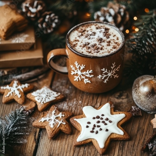 Winter-themed coffee and gingerbread cookies on rustic wooden table.