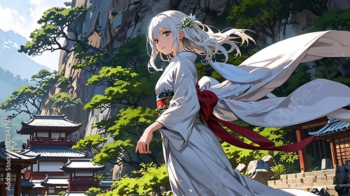 A mysterious girl with long, flowing white hair and a traditional kimono lives in a hidden mountain village, where it’s believed she is the human embodiment of a powerful guardian spirit. When an anci photo