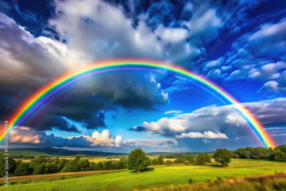 Stunning and Vibrant Rainbow Arching Across a Clear Blue Sky After a Refreshing Rain Shower Stunning and Vibrant Rainbow Arching Across a Clear Blue Sky After a Refreshing Rain Shower