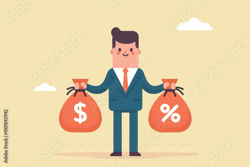 Professional businessman standing holding pocket with money and percent symbol