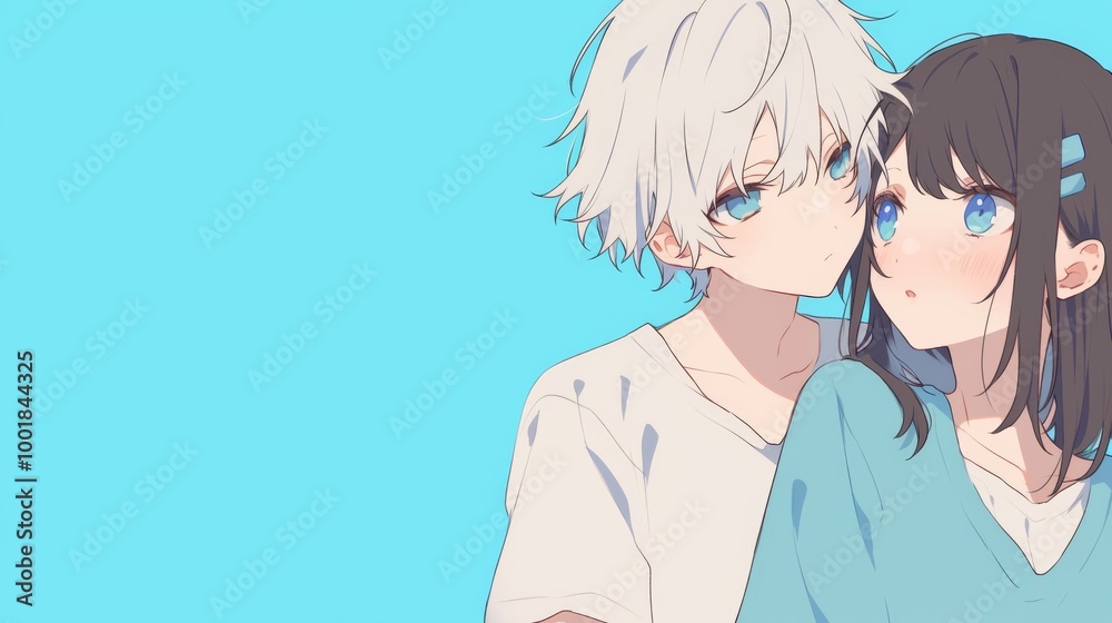 Fototapeta premium Charming anime boy with white hair and blue eyes kissing a cute girl with short black straight hair, set against a romantic backdrop