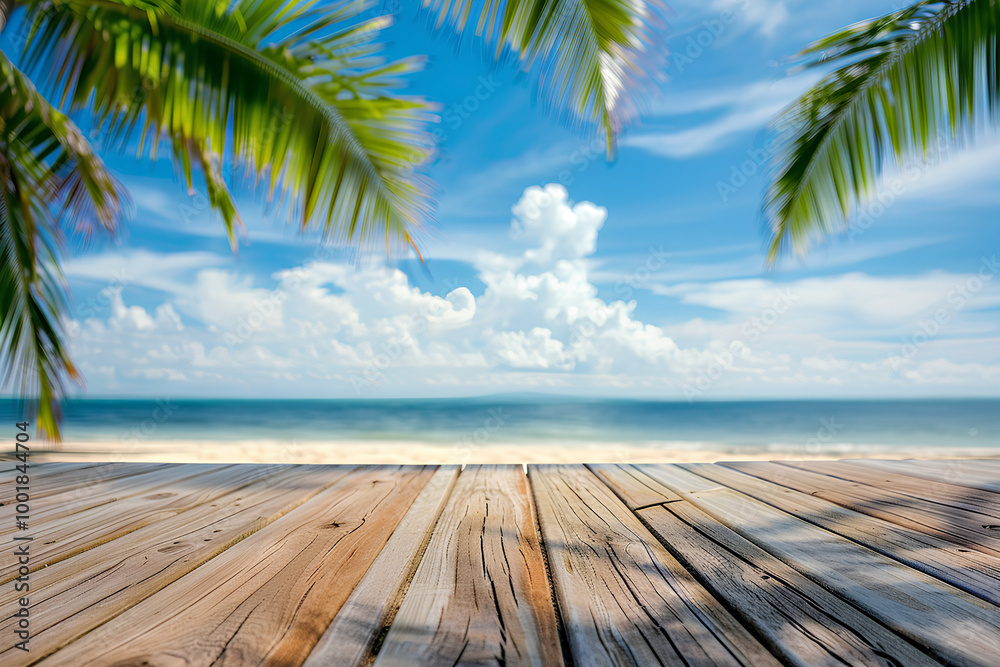 Wooden floor with blurred background of tropical beach and sea, panoramic view, blue sky and white clouds, palm trees, summer vacation concept, space for product display or montage Wooden floor with blurred background of tropical beach and sea, panoramic view, blue sky and white clouds, palm trees, summer vacation concept, space for product display or montage