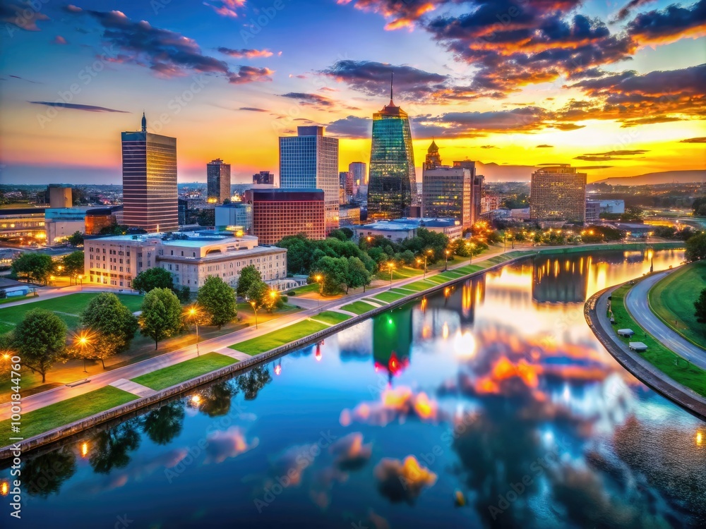 Fototapeta premium Stunning Dayton Skyline at Dusk with Vibrant Colors Reflecting on the Still Water Below