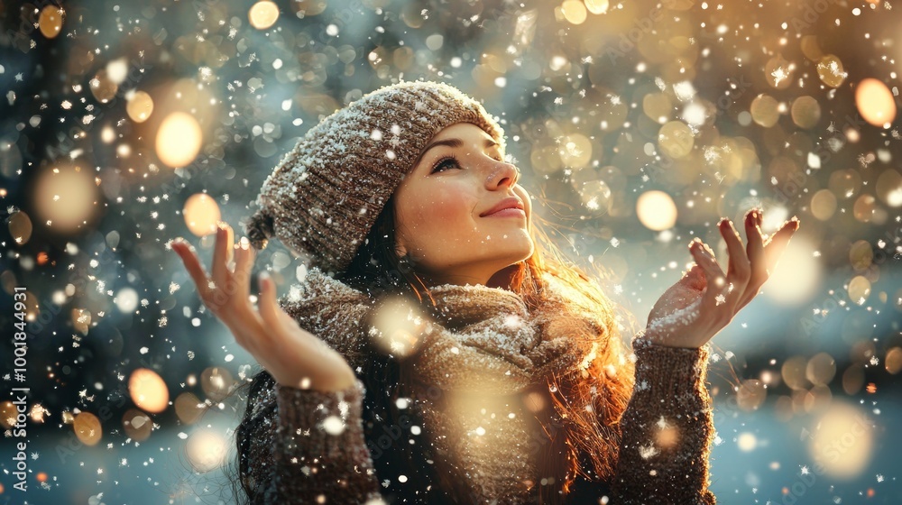 Joyful Woman Enjoying Snowfall in Winter Wonderland Joyful Woman Enjoying Snowfall in Winter Wonderland