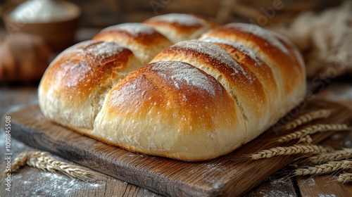 Freshly baked bread on a rustic wooden board with flour and wheat scattered around 