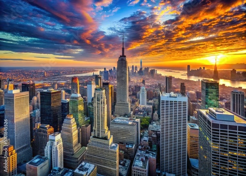 Stunning Manhattan skyline showcasing iconic buildings against a vibrant sunset sky and city life