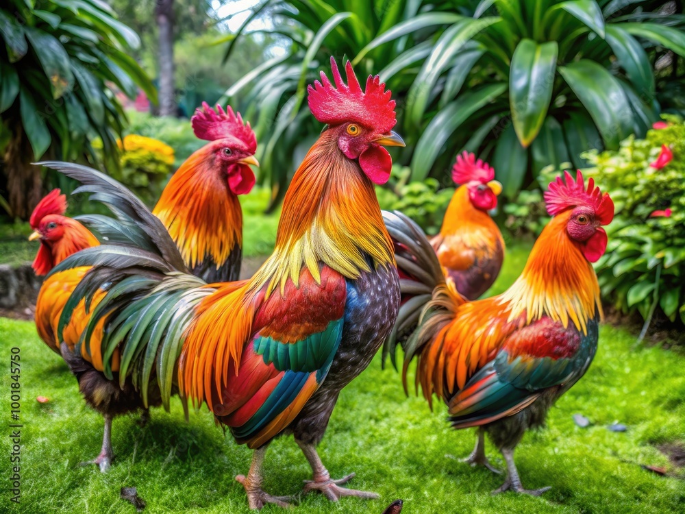 Fototapeta premium Stunning Onagadori Chickens with Long Feathers Displayed in a Lush Green Garden Setting