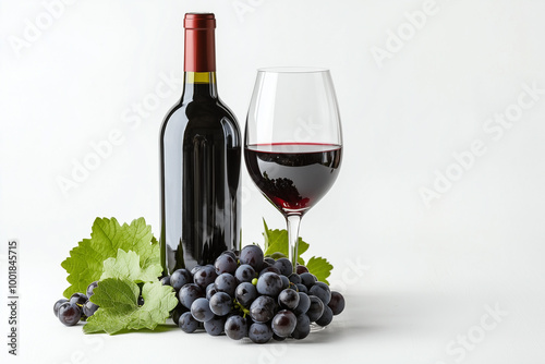 Glass of red wine, bottle and bunch of grapes isolated on white background.