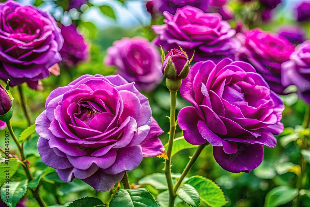 Stunning Purple Roses in Bloom with Soft Petals and Lush Green Leaves Against a Gentle Background Stunning Purple Roses in Bloom with Soft Petals and Lush Green Leaves Against a Gentle Background