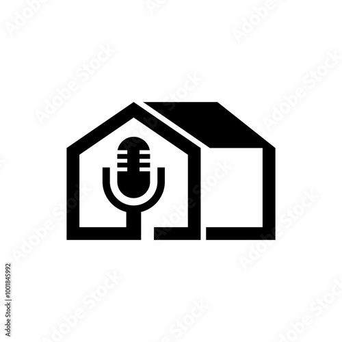 home podcast logo Home Podcast Studio Logo / House and Microphone Icon ,Minimalist Home Recording Vector / Remote Broadcast Symbol,Real Estate Audio Tour Logo / Smart Home Voice Control Icon
