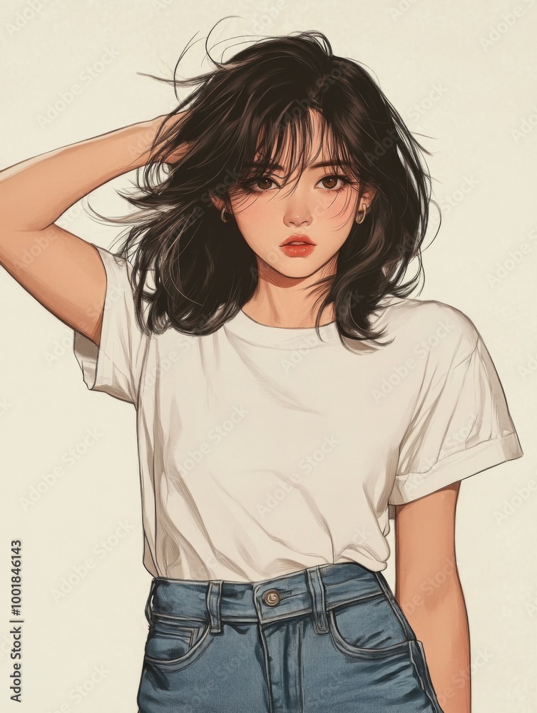 Japanese anime-style illustration of an adult woman with shoulder-length hair, dressed in jeans and a white T-shirt, posing for the camera Japanese anime-style illustration of an adult woman with shoulder-length hair, dressed in jeans and a white T-shirt, posing for the camera