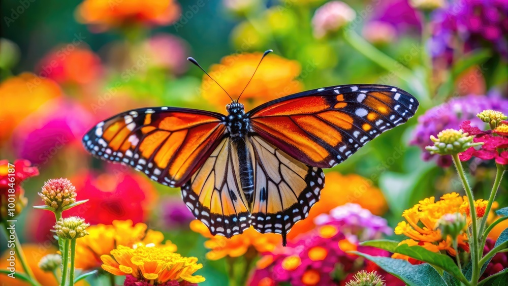 Naklejka premium Stunning Viceroy Butterfly Resting on Colorful Flowers in a Lush Green Garden Setting