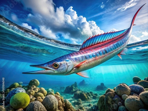 Stunning underwater capture of a majestic oarfish gliding through crystal-clear ocean waters photo