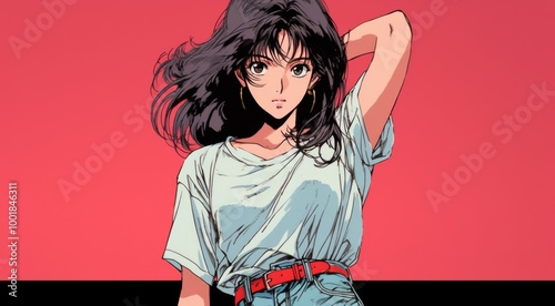 Japanese anime-style illustration of an adult woman with shoulder-length hair, dressed in jeans and a white T-shirt, posing for the camera photo