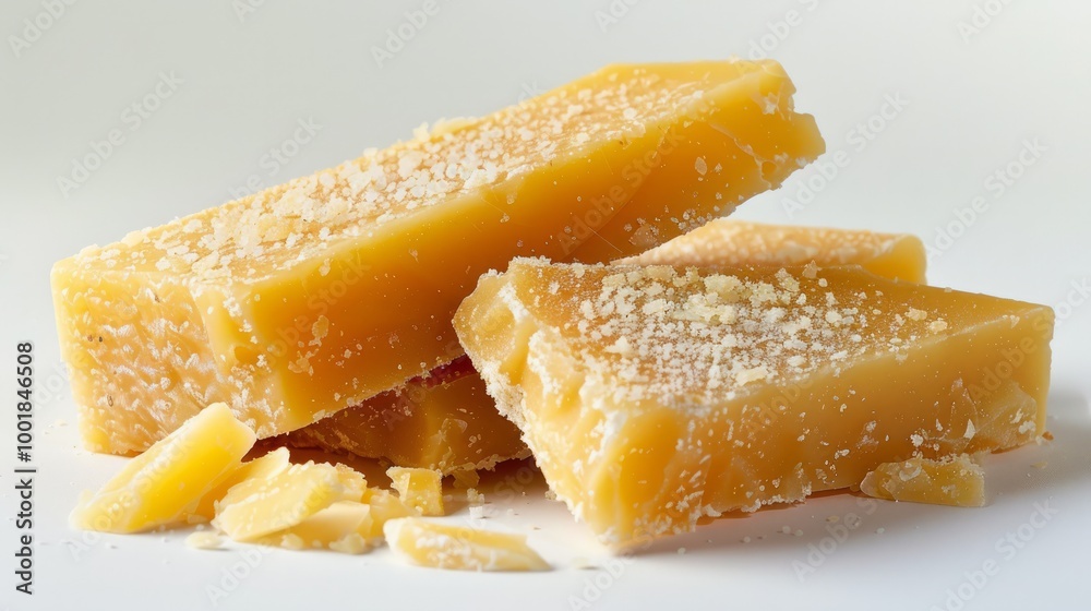 A pile of yellow pieces with sugar on top and a white background A pile of yellow pieces with sugar on top and a white background