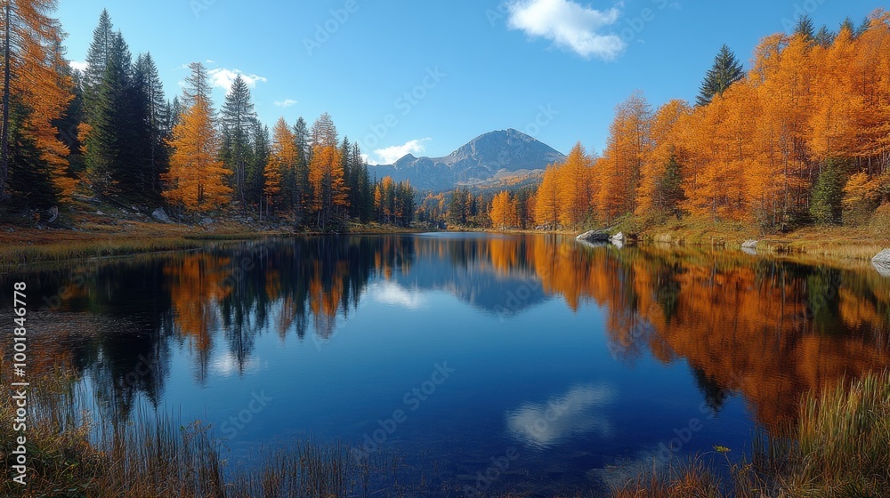 Scenic view of a quiet lake surrounded by autumn trees with reflections on the water Scenic view of a quiet lake surrounded by autumn trees with reflections on the water