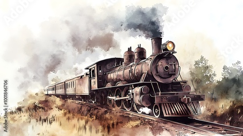 A stunning watercolor illustration of a grand antique steam train chugging along rusty tracks, capturing the essence of a bygone era. photo