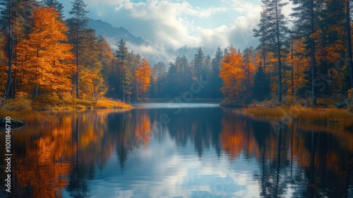 Scenic view of a quiet lake surrounded by autumn trees with reflections on the water 