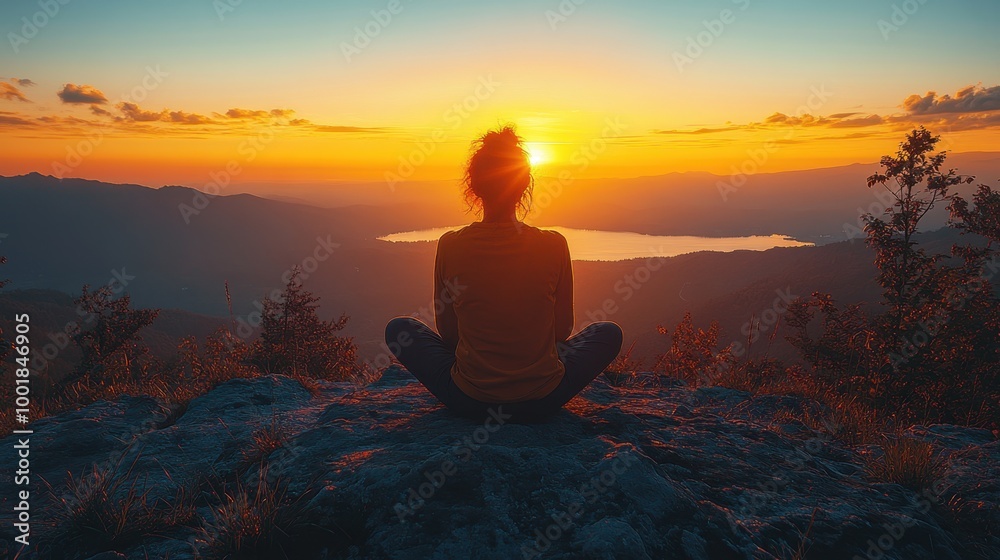 Silhouette of a person sitting on a mountain ledge watching the sunset over the horizon Silhouette of a person sitting on a mountain ledge watching the sunset over the horizon