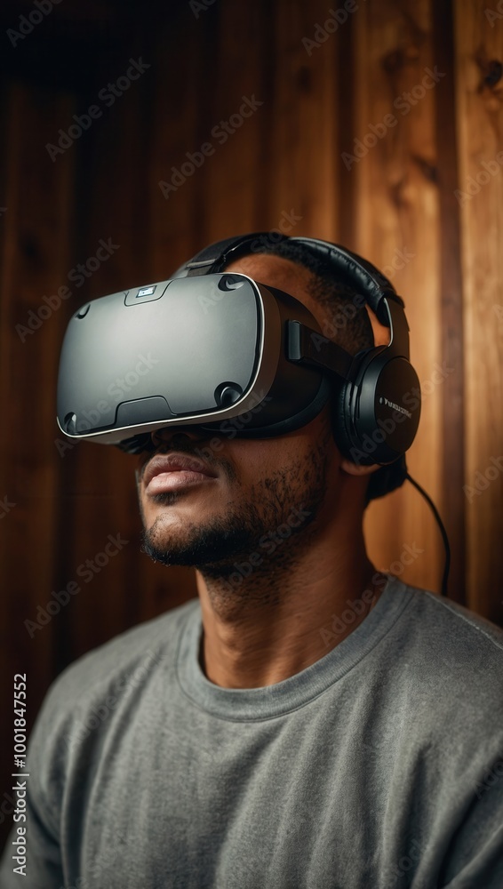 Man seated with VR headset and headphones in warm indoor setting with wooden elements Man seated with VR headset and headphones in warm indoor setting with wooden elements