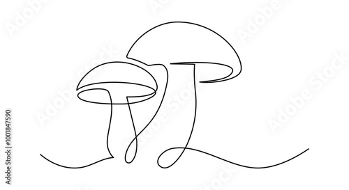 Mushroom in one continuous line drawing. Nature food in simple linear style. Edible autumn harvest in editable stroke. Doodle monoline vector illustration