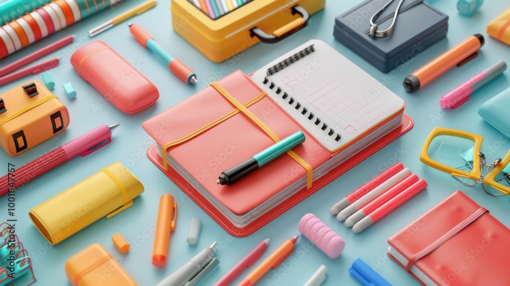 3D rendering of a collection of school supplies like markers, notebooks, and a lunchbox, highlighting student learning. 3D rendering of a collection of school supplies like markers, notebooks, and a lunchbox, highlighting student learning.