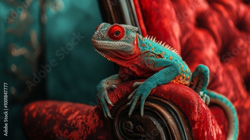 Colorful chameleon perched on a red velvet chair photo