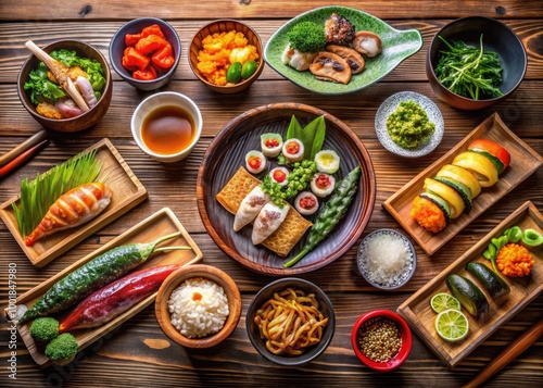 Wallpaper Mural Traditional Japanese Cuisine: Sushi, Ramen, Tempura, and More on Elegant Wooden Table Setting Torontodigital.ca