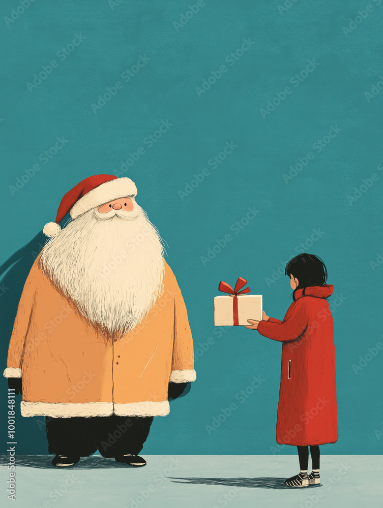 custom made wallpaper toronto digitala hand drawn, sketch, drawing, doodle of a girl giving a present gift box to santa claus for christmas holidays night. Give back concept