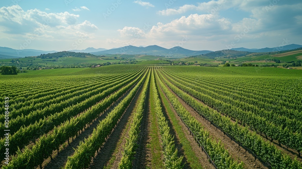 Aerial view of a vineyard with rows of grapevines and hills in the distance Aerial view of a vineyard with rows of grapevines and hills in the distance