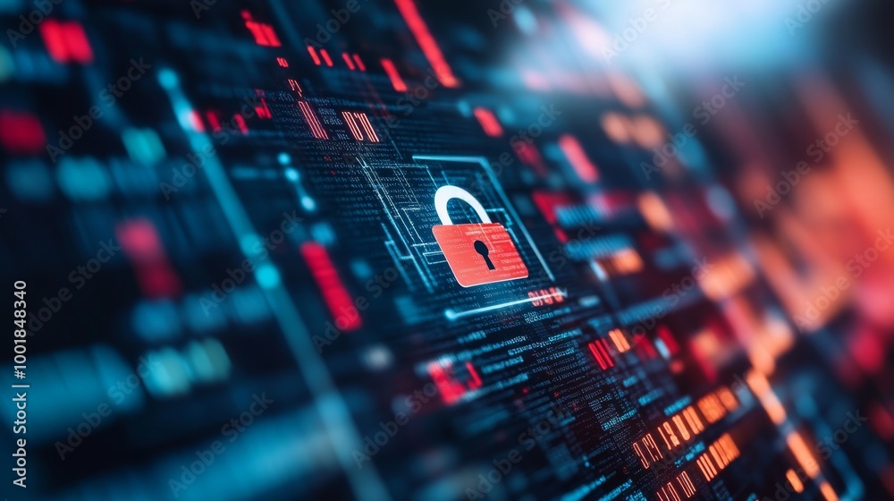 Obraz premium A transparent padlock icon is surrounded by symbols of computers and data streams, set against a vibrant background of binary code, emphasizing digital rights management and piracy protection
