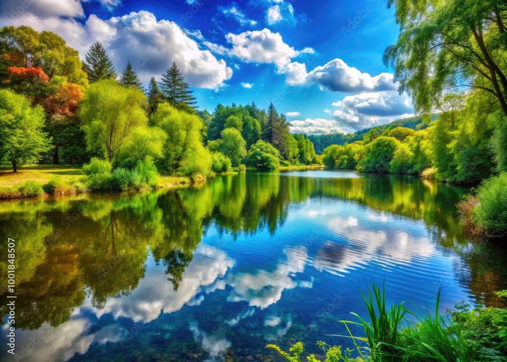 Tranquil nature scene with a serene lake surrounded by lush green trees and clear blue skies