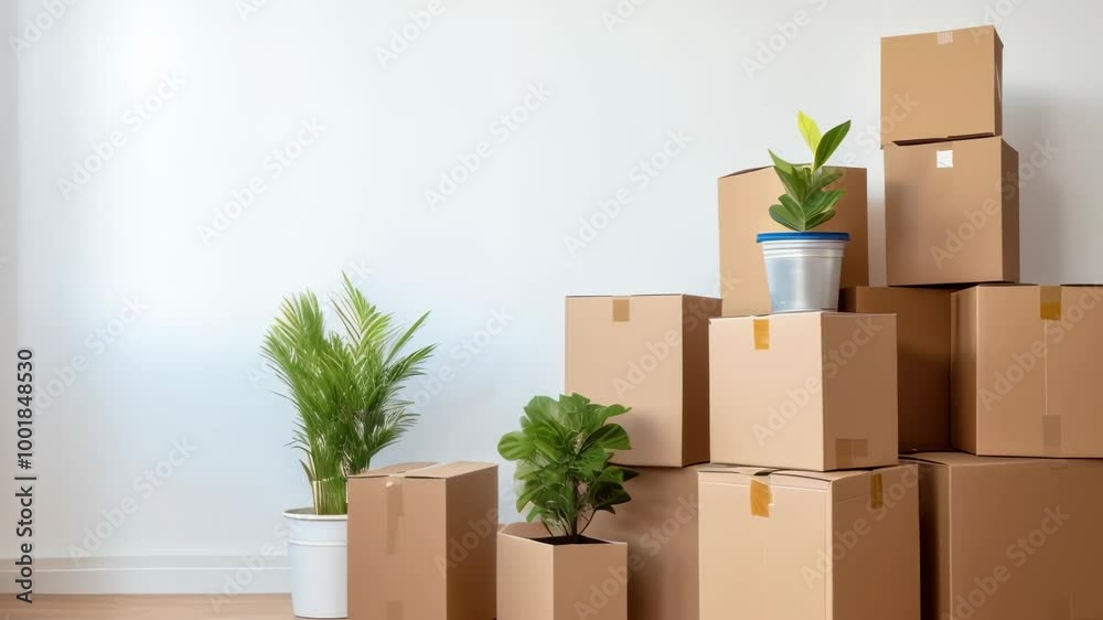 Unpacking and settling into a new home, surrounded by stacked boxes and vibrant houseplants, bright and spacious, full of possibilities Unpacking and settling into a new home, surrounded by stacked boxes and vibrant houseplants, bright and spacious, full of possibilities