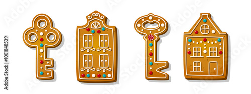 Christmas gingerbread house cookies in cartoon style isolated on white background. Sweet sugar biscuits in shape of Amsterdam buildings and keys. Traditional cakes and crackers. Vector illustration