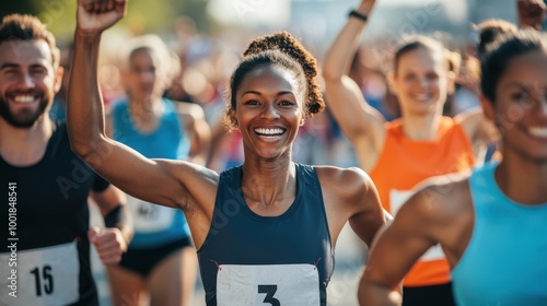 Happy Female Runner Finishing Marathon Race With Arms Raised