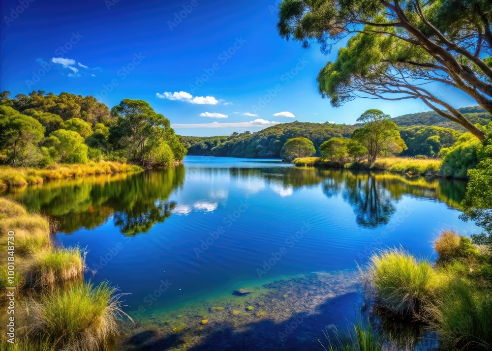 Tranquil Scenic Lake Surrounded by Lush Native Bush Landscape Under a Clear Blue Sky Tranquil Scenic Lake Surrounded by Lush Native Bush Landscape Under a Clear Blue Sky