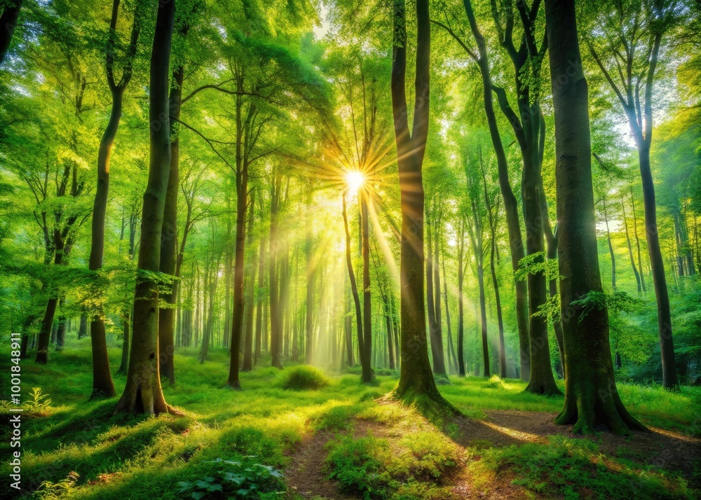 Fototapeta premium Tranquil Woods Background with Lush Green Foliage and Soft Sunlight Filtering Through Trees