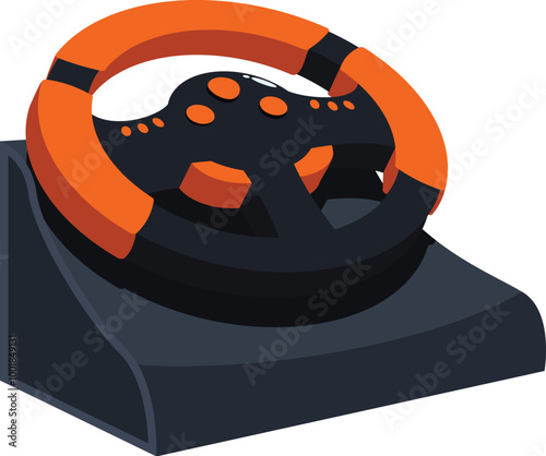 Modern racing simulator steering wheel with buttons on a stand, providing an immersive gaming experience