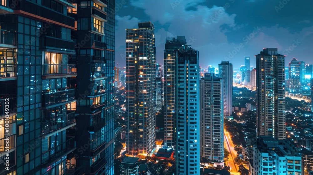 Obraz premium Nighttime urban panorama featuring the dazzling lights of high-rise buildings and the bustling activity of city streets.