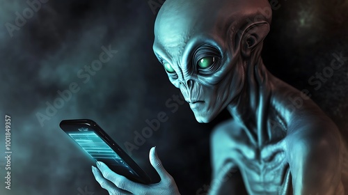 An intriguing and innovative depiction of a bald, gray extraterrestrial with an expressive stare engrossed in mobile technology, set against a dark